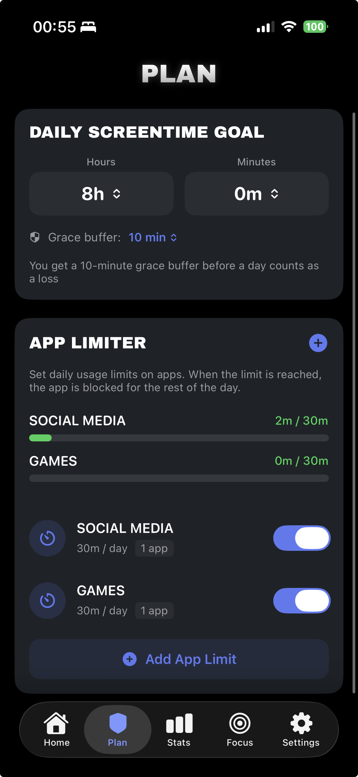 Plan screen with daily screentime goal and app limiter